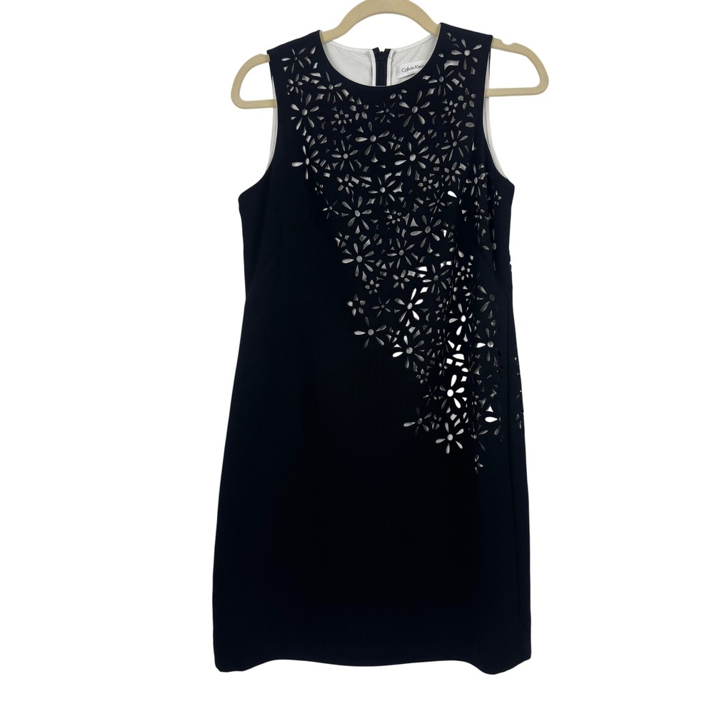 Calvin Klein Laser Cut Floral Sheath Dress Black White Casual Women Size 6P - Picture 2 of 14